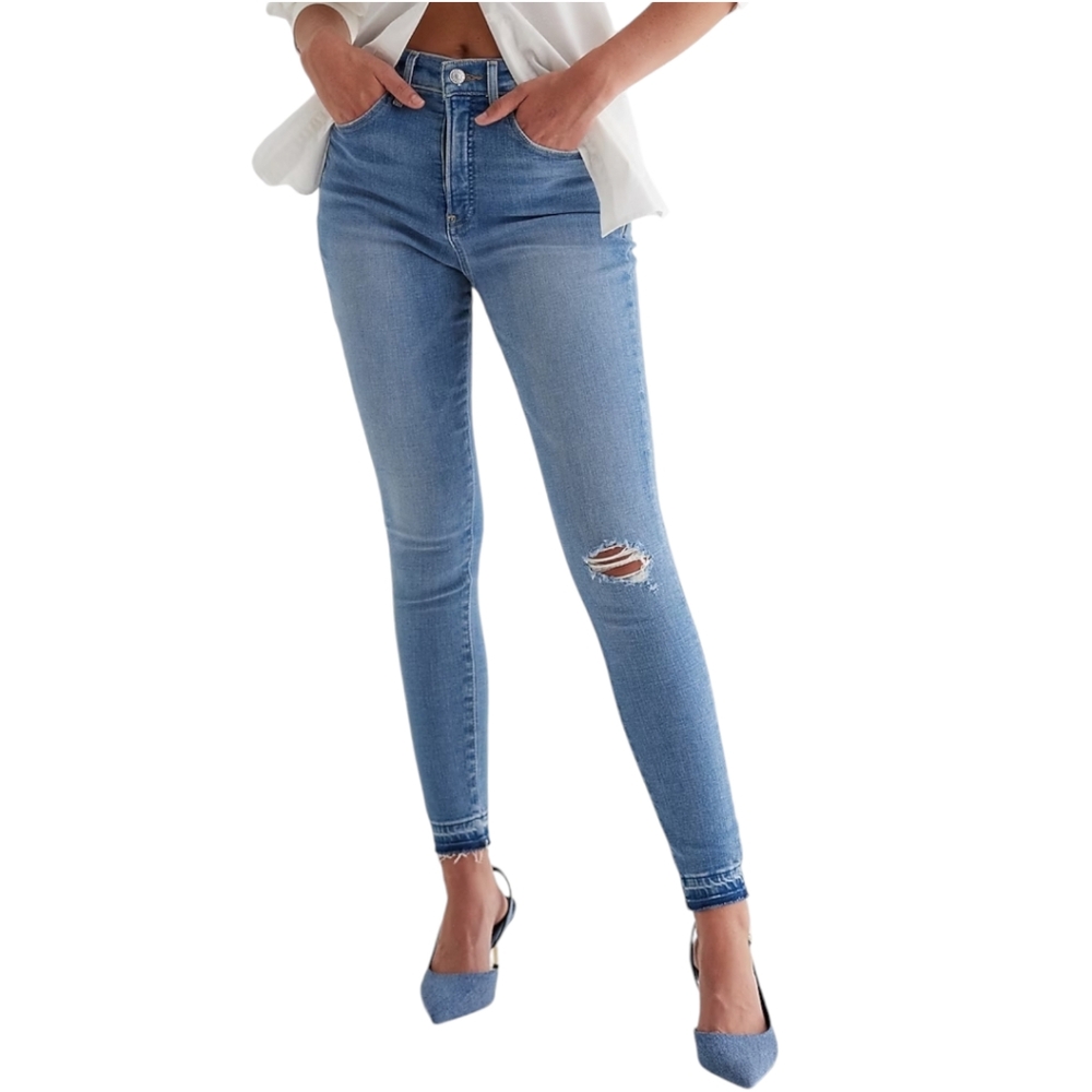 Express Skinny High Rise Jeans Womens 0R  Ripped Raw Drop Hem Light Wash Denim